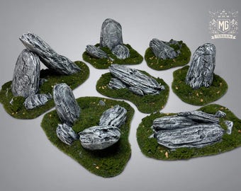 Painted Rock Terrain Set: 28mm Wargaming Scenery Flocked and Painted MEsbg Old World War Hammmer dnd rock terrain