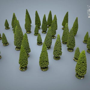 Peut inclure: Une collection de petits arbres verts avec un feuillage texturé, disposés sur une surface grise. Les arbres varient en taille et en forme, avec une forme conique. Les bases des arbres sont de couleur brun doré. L'image comprend le logo "MG Terrain".