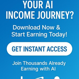 Puede incluir: Un gr&aacute;fico de gradiente azul con texto blanco que dice "&iquest;LISTO PARA COMENZAR TU VIAJE DE INGRESOS DE IA?" y "&iexcl;Descarga ahora y empieza a ganar hoy!". Un bot&oacute;n blanco dice "OBTENER ACCESO INSTANT&Aacute;NEO".
