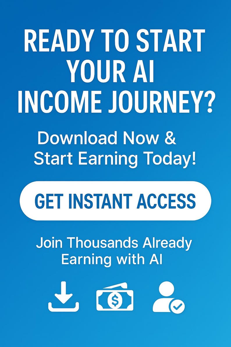 Puede incluir: Un gr&aacute;fico de gradiente azul con texto blanco que dice "&iquest;LISTO PARA COMENZAR TU VIAJE DE INGRESOS DE IA?" y "&iexcl;Descarga ahora y empieza a ganar hoy!". Un bot&oacute;n blanco dice "OBTENER ACCESO INSTANT&Aacute;NEO".