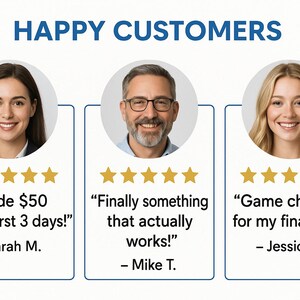 Puede incluir: Gr&aacute;fico con el texto "HAPPY CUSTOMERS" y tres testimonios de clientes. Cada testimonio incluye una foto, una cita y un nombre. Las citas resaltan experiencias positivas y resultados financieros.