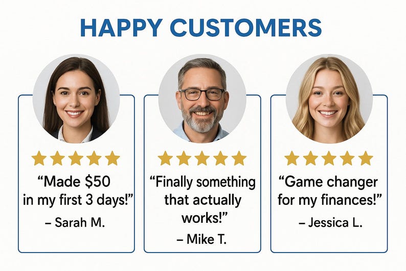 Puede incluir: Gr&aacute;fico con el texto "HAPPY CUSTOMERS" y tres testimonios de clientes. Cada testimonio incluye una foto, una cita y un nombre. Las citas resaltan experiencias positivas y resultados financieros.