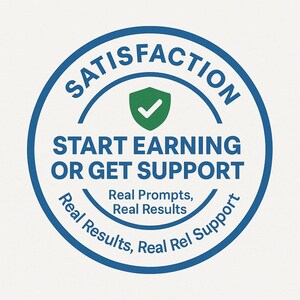 Puede incluir: Gr&aacute;fico circular con borde azul e interior blanco. El texto "SATISFACTION" forma un arco en la parte superior. Debajo, se lee "START EARNING OR GET SUPPORT". Un escudo verde con una marca de verificaci&oacute;n est&aacute; en el centro.