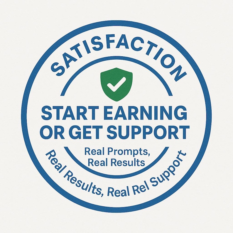 Puede incluir: Gr&aacute;fico circular con borde azul e interior blanco. El texto "SATISFACTION" forma un arco en la parte superior. Debajo, se lee "START EARNING OR GET SUPPORT". Un escudo verde con una marca de verificaci&oacute;n est&aacute; en el centro.