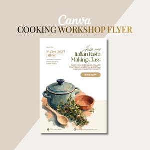 Könnte beinhalten: Ein Kochworkshop-Flyer mit einer Aquarellillustration eines blauen Topfes, eines Holzlöffels, einer kleinen Schüssel und eines Kräuterbündels. Der Text lautet: Join our Italian Pasta Making Class, 15 Oct, 2027, 6PM, From Flour to Fresh Pasta, BOOK NOW.