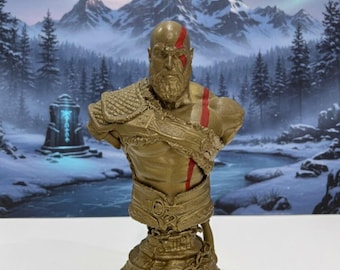 Busto de Kratos – Escultura impresa en 3D inspirada en God of War / Figura coleccionable de oro antiguo
