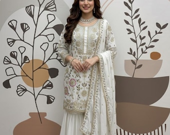 white embroidered sharara suit set: Pakistani salwar kameez Indian Ethnic outfit