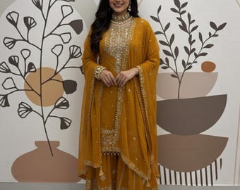 Costume palazzo Sharara jaune : broderie georgette, tenues de soirée Sangeet
