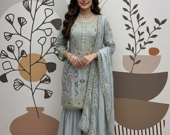 Conjunto de traje sharara con bordado de cielo: salwar kameez pakistaní, atuendo étnico indio