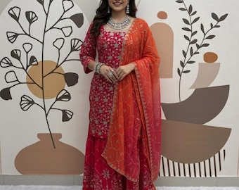 Pink Georgette Top Sharara Punjabi Suit: Embroidery Sequence Work , Wedding Ethnic Wear