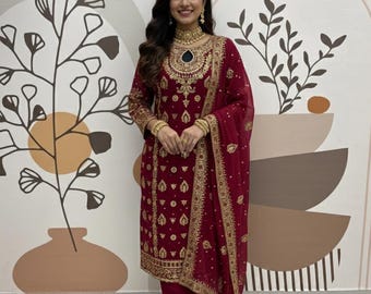 Red Designer Georgette Sharara Set, Pakistani Wedding Salwar Kameez, Red Kurta