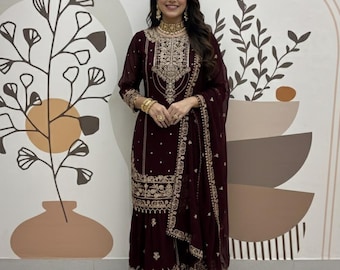 Maroon Sharara Palazzo Suit: Georgette Embroidery, Sangeet Party Wear