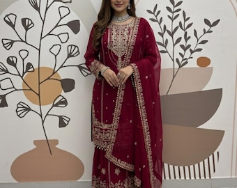 Red Sharara Palazzo Suit: Georgette Embroidery, Sangeet Party Wear