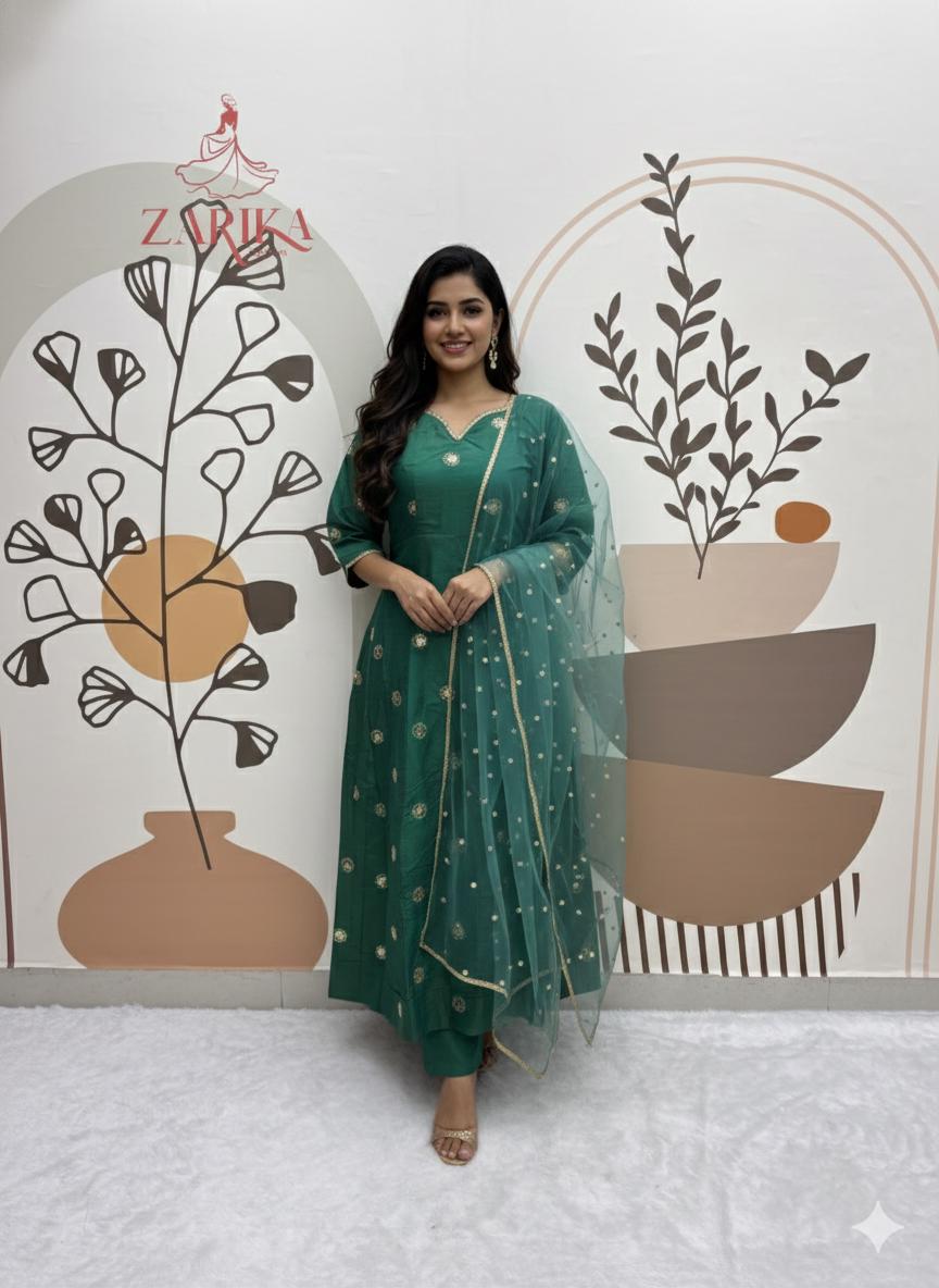 emerald green silk festive tiered anarkali dress Mehendi Green Chanderi Silk Anarkali Suit Set (Set of 3) – ahiclothing main image 0