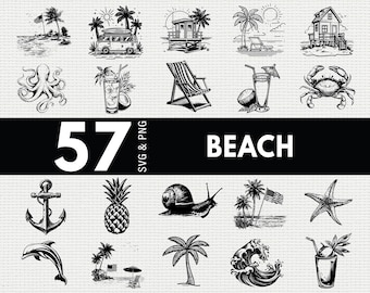 Strand SVG PNG-bundel, tropische silhouet clipart, zomervakantie Cricut gesneden bestanden vectorkunst