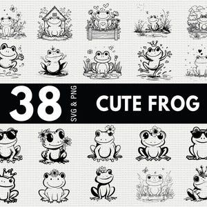 May include: A collection of 38 black and white illustrations of cute frogs in various poses. Some frogs wear sunglasses, crowns, or flowers. The text "38 Cute Frog SVG & PNG" is displayed in a bold, white font against a black background.