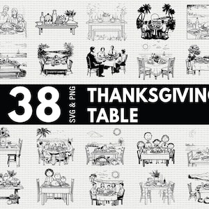 Könnte beinhalten: Eine Sammlung von 38 schwarz-weißen Illustrationen von Thanksgiving-Tischen im SVG- und PNG-Format. Die Bilder zeigen Menschen an Tischen mit Essen, einige im Freien. Der Text lautet "38 Thanksgiving Table".