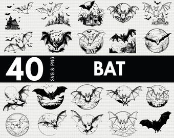 Bat SVG PNG Bundle, Halloween Silhouette Clipart, Flying Vampire Cricut Cut Files, Spooky Gothic