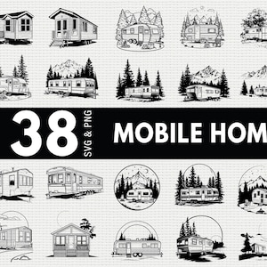 以下が含まれることがあります： 38点の白黒イラストのコレクション。モバイルホームとキャンピングカーが描かれています。さまざまなタイプのRV車が、木や山のある自然の風景の中に配置されています。「MOBILE HOME」の文字が表示されています。