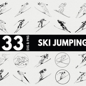 May include: Black and white illustrations of ski jumpers in various poses. The image includes the text "33 SKI JUMPING SVG & PNG" in a bold, white font against a black background. The background is a light, textured pattern.