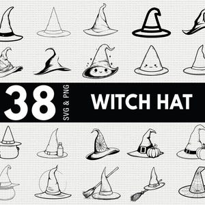 May include: A collection of 18 black and white witch hat designs. The hats vary in style, including pointed, wide-brimmed, and adorned with details like spiderwebs and buckles. The image includes the text "38 SVG & PNG" and "WITCH HAT".