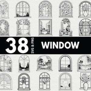 Könnte beinhalten: Eine Sammlung von 16 schwarz-weißen Fensterdesigns in verschiedenen Stilen, darunter Bogen- und Rechteckformen. Einige Fenster zeigen Blumenarrangements, Landschaften und geometrische Muster. Der Text "38 SVG & PNG WINDOW" wird angezeigt.