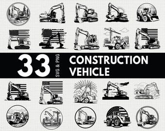 Pacchetto SVG PNG di veicoli da costruzione, clipart di sagome di autocarri con cassone ribaltabile escavatore, file di taglio Cricut
