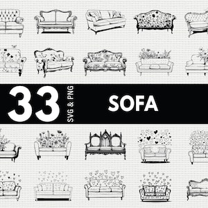 Op de afbeelding: Een verzameling van 33 sofa-illustraties in zwart en wit. De sofa's tonen diverse stijlen, van klassieke gecapitonneerde ontwerpen tot bloempatronen. Het woord "SOFA" wordt in grote witte tekst op een zwarte achtergrond weergegeven, met "SVG & PNG".