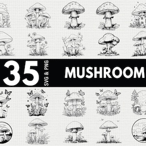 Puede incluir: Ilustraciones en blanco y negro de varias setas, algunas con mariposas y otras con pequeñas casas. El número "35" se muestra encima de la palabra "MUSHROOM" en negrita. La imagen es una colección de archivos SVG y PNG.