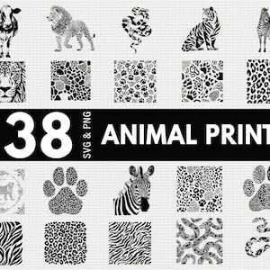 May include: Black and white animal print designs, including a cow, lion, snake, tiger, and zebra. The image also features paw prints and various animal skin patterns. Text reads "38 ANIMAL PRINTS SVG & PNG."