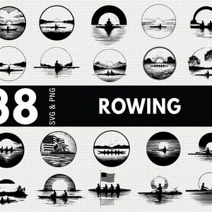 Könnte beinhalten: Eine Sammlung von 38 schwarz-weißen SVG- und PNG-Designs zum Thema Rudern. Jedes Design zeigt eine Silhouette eines Ruderers oder Ruderteams in einem kreisförmigen Rahmen, mit verschiedenen Landschaftshintergründen und dem Wort "ROWING".