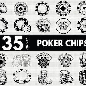 Può includere: Illustrazioni in bianco e nero di fiches da poker con vari design, tra cui semi di carte, dadi e carte da gioco. L'immagine include il testo "35 SVG & PNG POKER CHIPS".