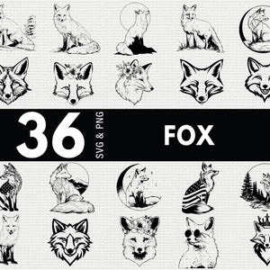 Puede incluir: Una colección de 36 ilustraciones de zorros en blanco y negro en varias poses y estilos. Los diseños incluyen zorros de cuerpo completo, caras de zorro y zorros con coronas florales, sobre un fondo blanco. La palabra "FOX" se muestra en texto blanco sobre una pancarta negra.