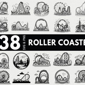 May include: A collection of 38 black and white roller coaster designs in SVG and PNG formats. The illustrations depict various roller coaster layouts, some with Ferris wheels and cityscapes. The text "38 ROLLER COASTER" is displayed prominently.