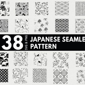 Può includere: Una collezione di 38 motivi giapponesi senza cuciture in bianco e nero. I motivi includono disegni floreali, geometrici e ispirati alla natura. Il testo "38 Japanese Seamless Pattern SVG & PNG" è presente.