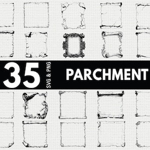 May include: A collection of 35 parchment paper designs in SVG and PNG formats. The designs include various styles of aged paper with torn edges and rolled corners, perfect for digital art projects. The word "PARCHMENT" is displayed in bold white letters.