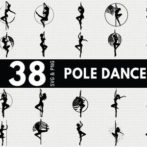 Puede incluir: Una colección de 38 gráficos SVG y PNG de pole dance en blanco y negro. Los diseños presentan siluetas de bailarinas en varias poses, algunas con marcos circulares y acentos de la bandera estadounidense. El texto "38 POLE DANCE SVG & PNG" se muestra en negrita.