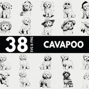以下が含まれることがあります： 様々なポーズの18匹の白黒キャバプー犬のイラストのコレクション。帽子やサングラスなどのアクセサリーを身につけているものもあります。「38」の数字と「CAVAPOO」の文字が太字で表示されています。
