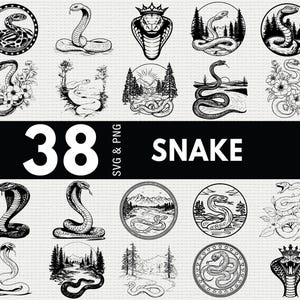 Peut inclure: Une collection de 38 graphiques SVG et PNG sur le thème des serpents, en noir et blanc. Les motifs comprennent diverses illustrations de serpents, certains avec des éléments floraux ou naturels, et un cobra couronné. Le mot "SNAKE" est affiché en blanc gras.