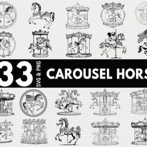 Peut inclure: Une collection de 33 motifs de chevaux de manège en formats SVG et PNG. Les illustrations en noir et blanc représentent divers chevaux de manège, certains avec des cavaliers, et des structures de manège. Le texte "CAROUSEL HORSE" est affiché.