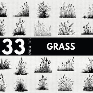 May include: A collection of 33 black and white grass illustrations in SVG and PNG formats. The image features various grass designs, including tall, slender blades and bushy clumps, perfect for digital art projects.