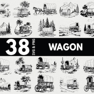 Op de afbeelding: Een verzameling van 18 zwart-wit illustraties van huifkarren, elk in een andere buitenscène. De tekst "38 SVG & PNG WAGON" wordt weergegeven in een zwart rechthoek.