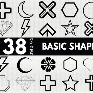 May include: Black and white graphic of 38 basic shapes, including a plus sign, crescent moon, diamond, lightning bolt, arrow, star, hexagon, circle, and more. The text "38 BASIC SHAPE SVG & PNG" is displayed below the shapes.