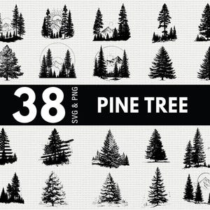 May include: A collection of 38 black and white pine tree designs in SVG and PNG formats. The designs include various illustrations of pine trees, forests, and mountain scenes, with some featuring the American flag. The text "38 PINE TREE" is displayed.