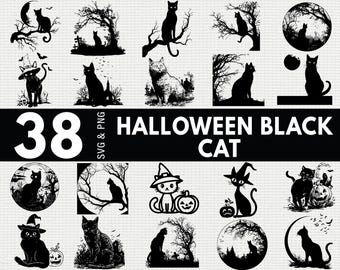 Pode incluir: Uma coleção de 38 gráficos SVG e PNG com tema de gato preto para o Halloween. As imagens incluem silhuetas de gatos em várias poses, com chapéus de bruxa, em galhos e em frente a luas e árvores. O texto "Halloween Black Cat" também está incluído.
