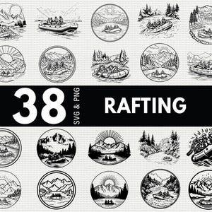 Pode incluir: Uma coleção de 38 gráficos SVG e PNG em preto e branco com tema de rafting. Os designs apresentam ilustrações circulares de pessoas praticando rafting em rios, com montanhas, árvores e sóis ao fundo. A palavra "RAFTING" é exibida em letras grandes e em negrito.