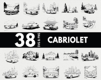 Cabriolet SVG PNG-paket, Cabriolet-silhuett Clipart, Vintage Auto Cricut Cut-filer Vektor