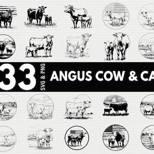 May include: A collection of 33 black and white SVG and PNG images featuring Angus cows and calves. The images include illustrations of cows with their calves, some with American flag backgrounds and landscape scenes.