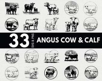 Angus Cow and Calf SVG PNG Bundle, Farm Animal Silhouette Clipart, Ranch Cricut Files