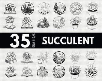 May include: A collection of 35 black and white succulent designs in SVG and PNG formats. The designs include various succulent plants in pots, on books, and within circular frames featuring desert landscapes and cacti.